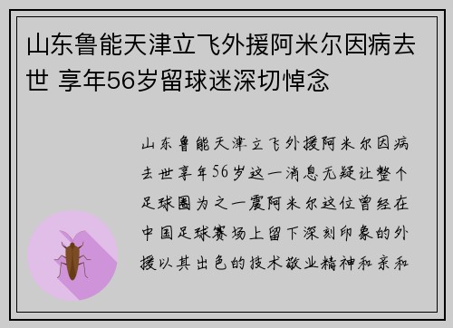 山东鲁能天津立飞外援阿米尔因病去世 享年56岁留球迷深切悼念 山东鲁能天津立飞外援阿米尔因病去世 享年56岁留球迷深切悼念