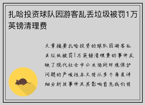 扎哈投资球队因游客乱丢垃圾被罚1万英镑清理费 扎哈投资球队因游客乱丢垃圾被罚1万英镑清理费