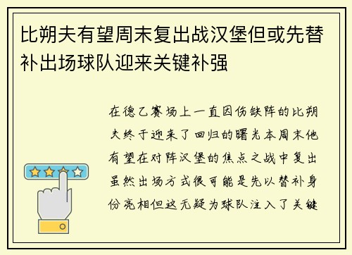 比朔夫有望周末复出战汉堡但或先替补出场球队迎来关键补强 比朔夫有望周末复出战汉堡但或先替补出场球队迎来关键补强